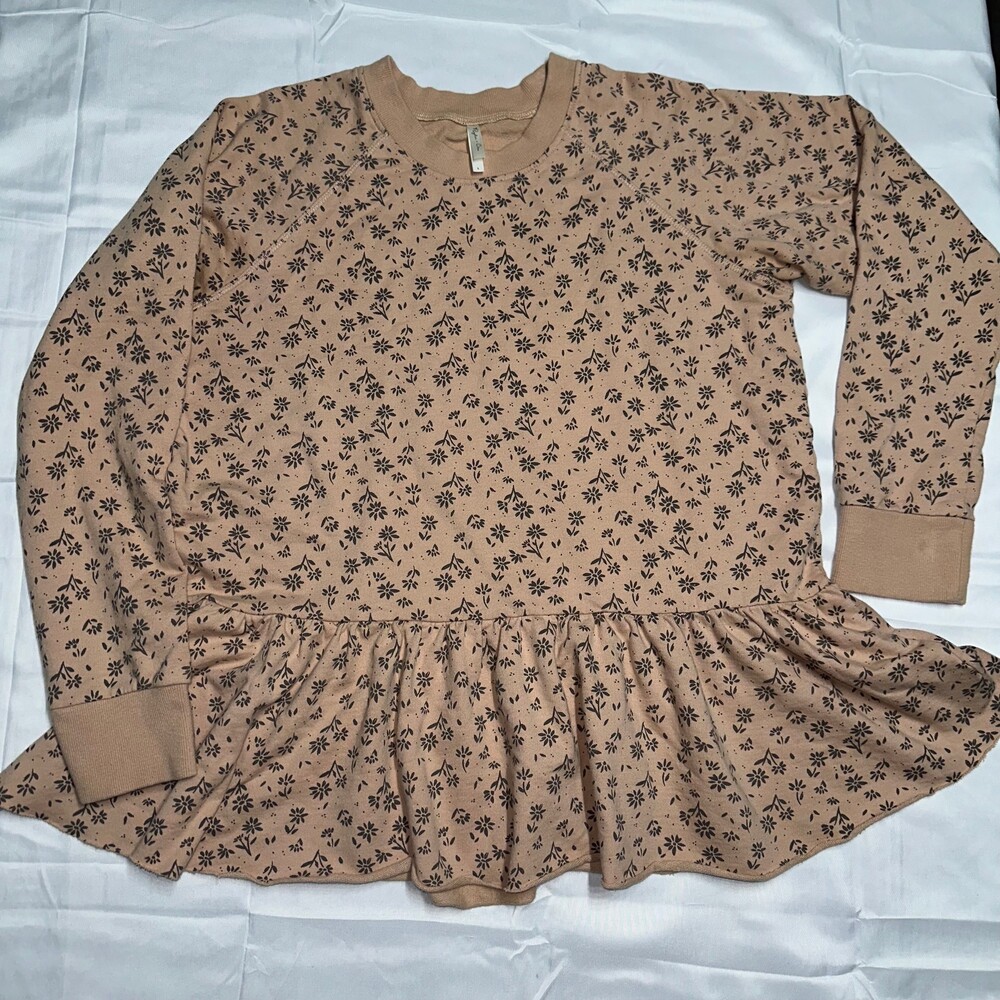 Rylee + Cru Women's Large Light Brown Floral Long Sleeve Peplum Top